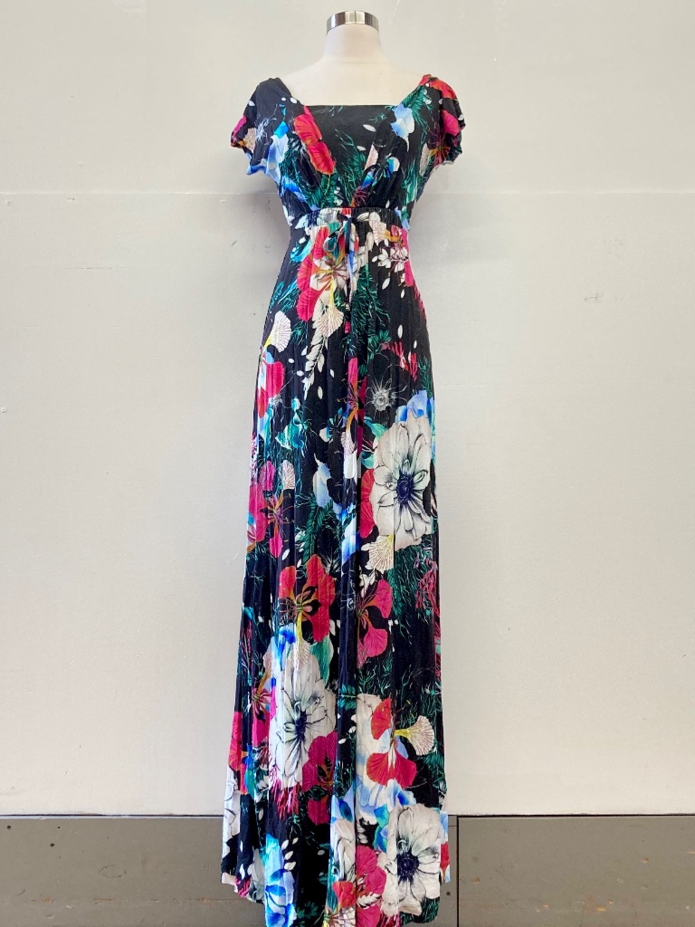 Tropical Floral Cottagecore Maxi Dress Boho Sundress Soft Jersey Black Pink